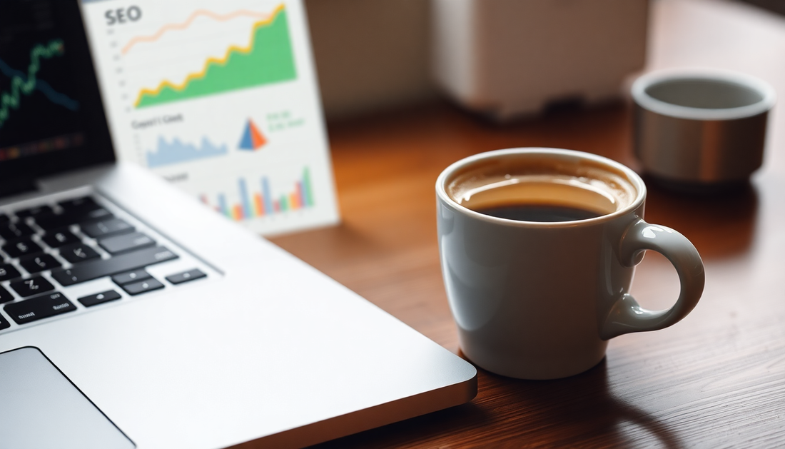 A coffee cup next to a laptop with SEO graphs