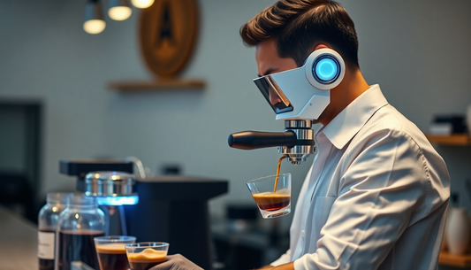 Barista in futuristic headset brewing fresh espresso at modern coffee shop counter