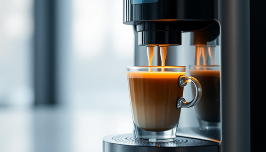 A sleek AI coffee machine brewing a fresh cup