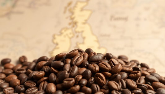 Artisan coffee beans with UK map in background