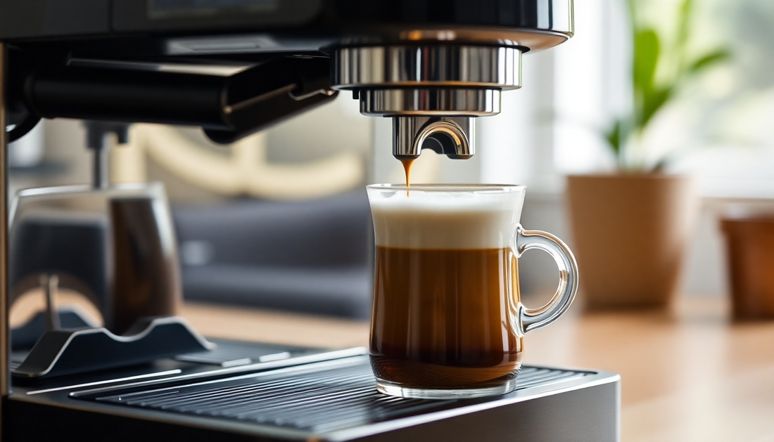 AI-powered coffee machine brewing a fresh cup