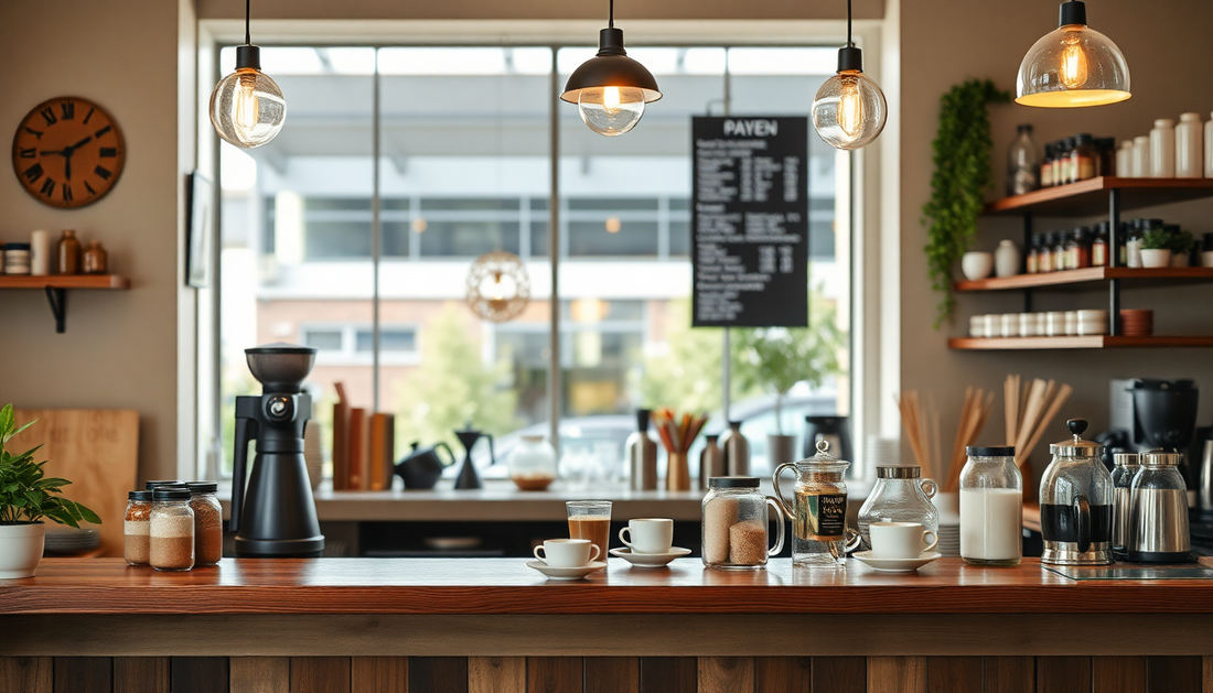 Modern coffee shop interior with wooden counter, coffee cups, coffee makers, and jars of ingredients.