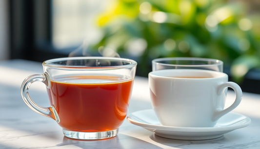 Delicious coffee and tea pairing tips displayed with a glass cup of tea and a white mug of coffee
