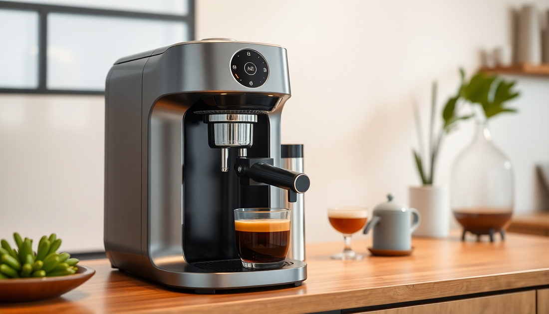 Modern espresso coffee machine brewing in stylish kitchen, fresh coffee cup on counter