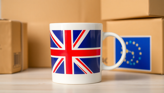 A coffee cup with UK flag and shipping boxes