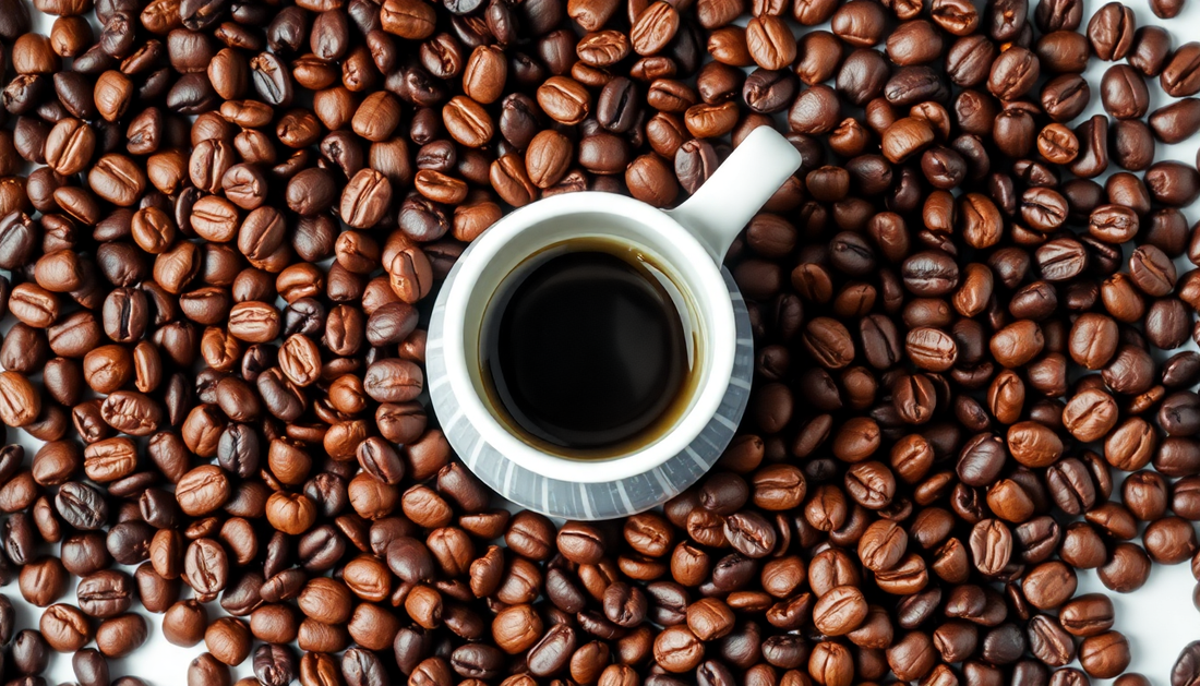 Cup of black coffee on a bed of roasted coffee beans, top view, premium coffee concept