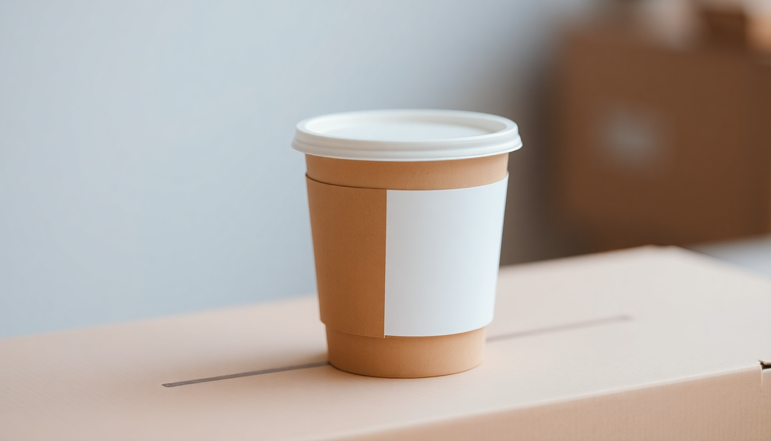 A coffee cup with a white label on a delivery box