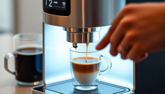 Espresso machine brewing fresh coffee into clear glass cup, hand adjusting controls