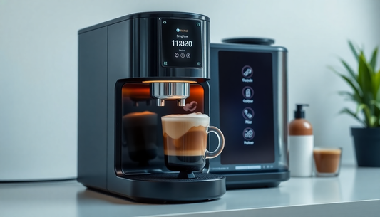 A smart coffee machine brewing coffee with AI interface