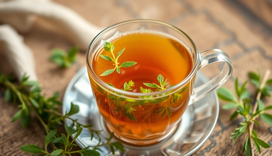 A steaming cup of herbal tea with fresh herbs