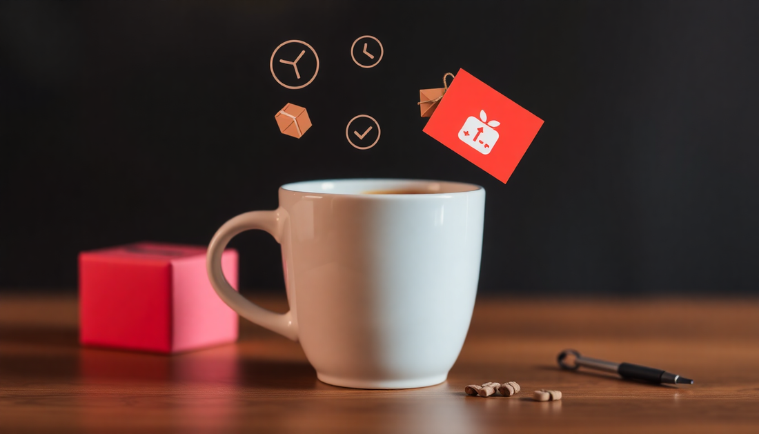 White coffee mug on wood table with floating delivery icons and red gift box, coffee concept