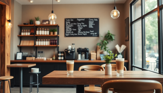 Modern coffee shop interior with lattes on wooden table, barista counter, and warm lighting.