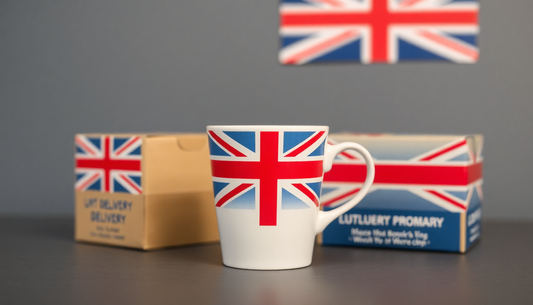 A coffee cup with UK flag and delivery boxes