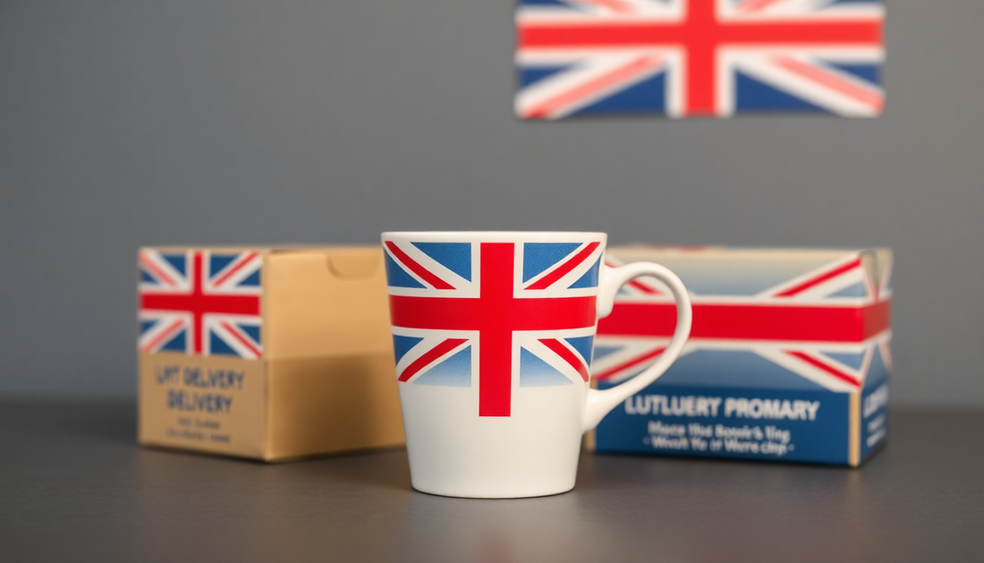 A coffee cup with UK flag and delivery boxes