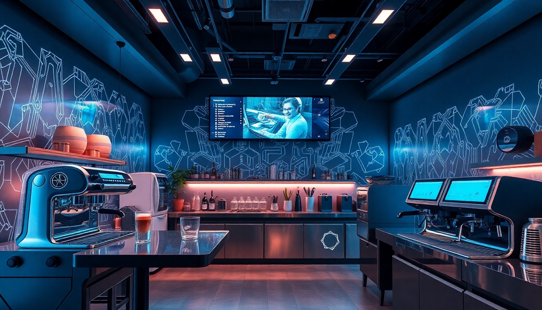 A futuristic cafe with AI-powered coffee machines
