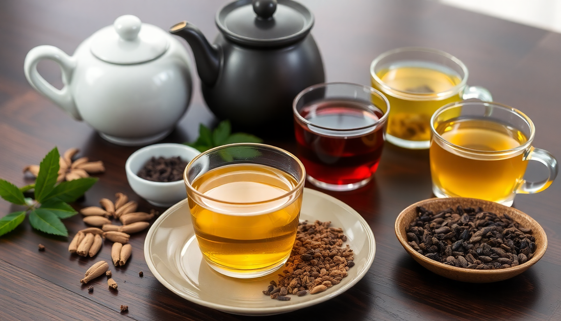 Assorted teas and herbs showcasing the best tea for wellness on a wooden table