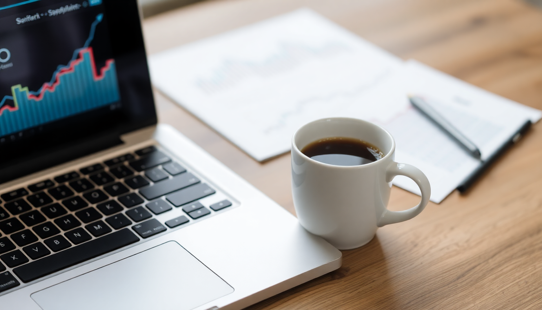 A coffee cup next to a laptop with SEO graphs