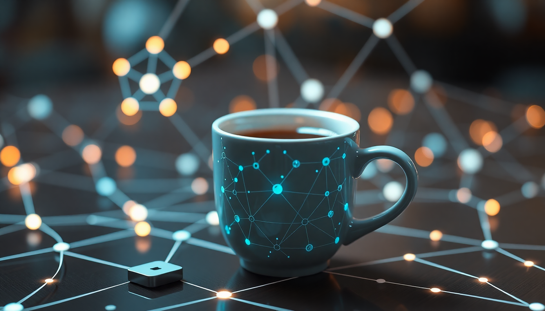 A coffee cup with AI digital network connections around