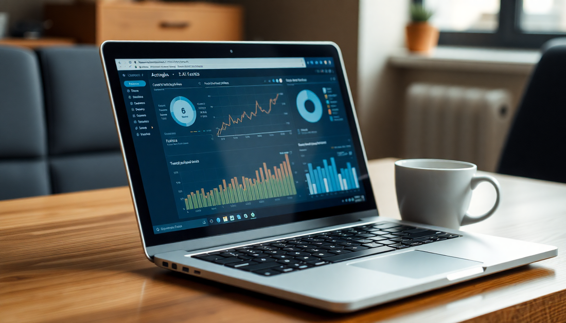 A laptop showing AI analytics with coffee cup nearby