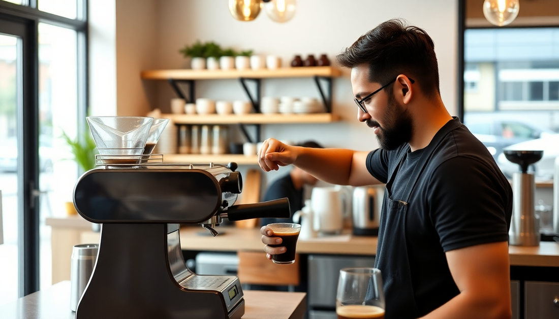 Barista brewing fresh artisan coffee with espresso machine in modern coffee shop setting