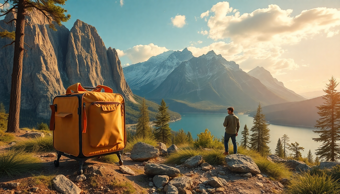 Man standing by a lake with yellow rolling luggage in scenic mountain landscape, outdoor travel.
