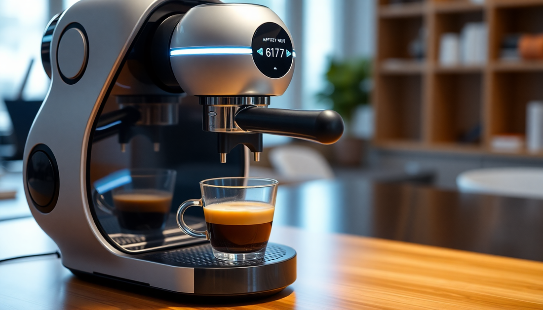 A futuristic AI coffee machine brewing coffee