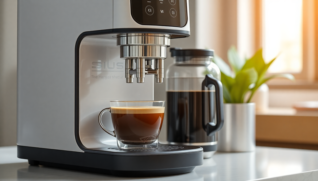 Modern coffee maker brewing fresh espresso with glass cup on kitchen counter, sunlight in background