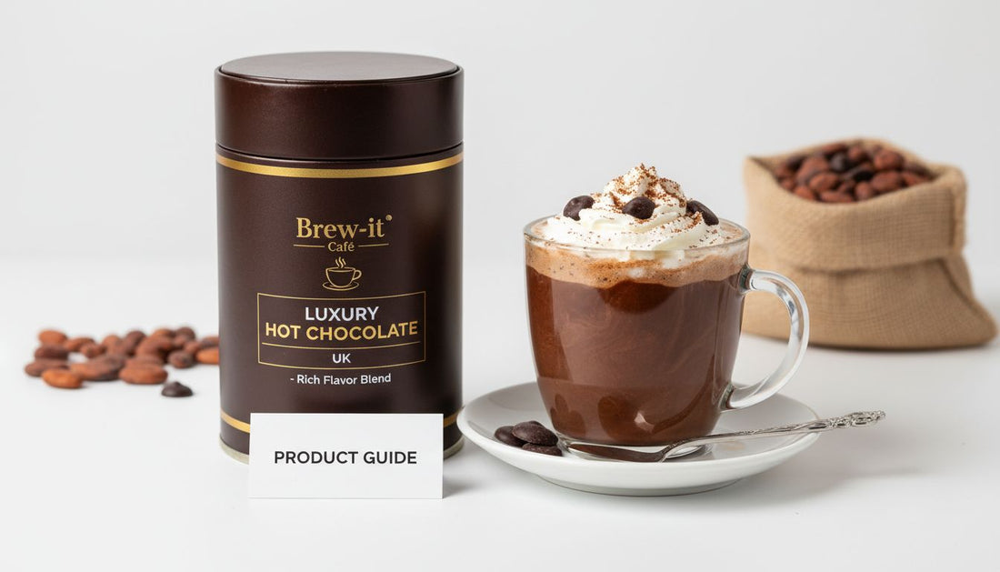 Luxury hot chocolate canister with a glass mug topped with whipped cream, cacao beans and product guide card