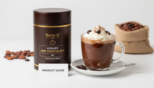 Luxury hot chocolate canister with a glass mug topped with whipped cream, cacao beans and product guide card