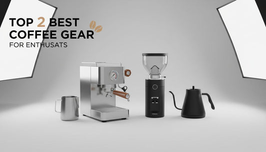 Espresso machine, coffee grinder, and gooseneck kettle on minimalist white background.