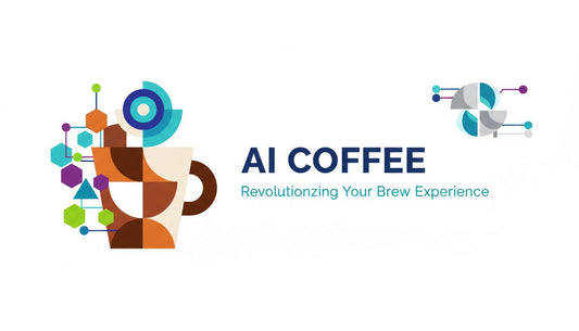 Abstract coffee cup graphic with AI-themed geometric shapes and text AI Coffee Revolutionizing Your Brew Experience