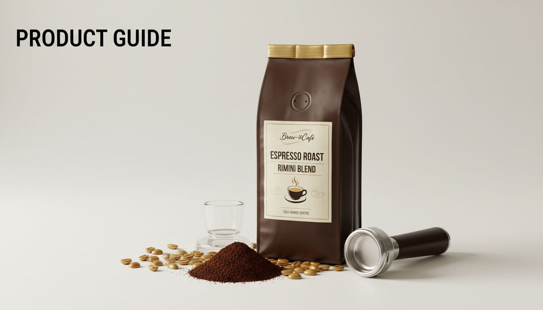 Espresso roast Rimini Blend coffee bag with coffee beans, grounds, glass cup, and portafilter on a light background.