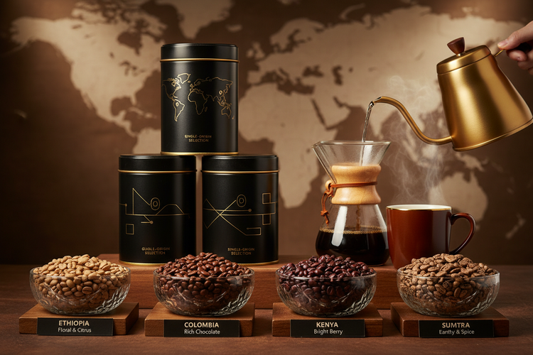Single origin coffee beans from Ethiopia, Colombia, Kenya, Sumatra in glass bowls, premium tins, and pour-over coffee setup
