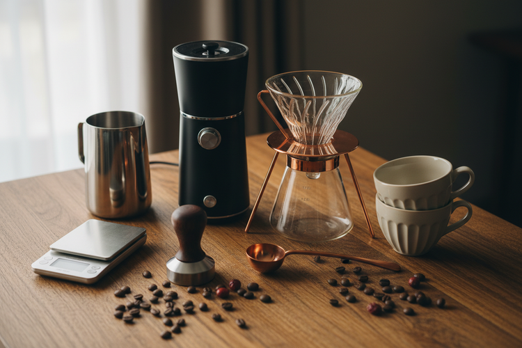 Coffee accessories including grinder, dripper, cups, and scale on wooden table with coffee beans.