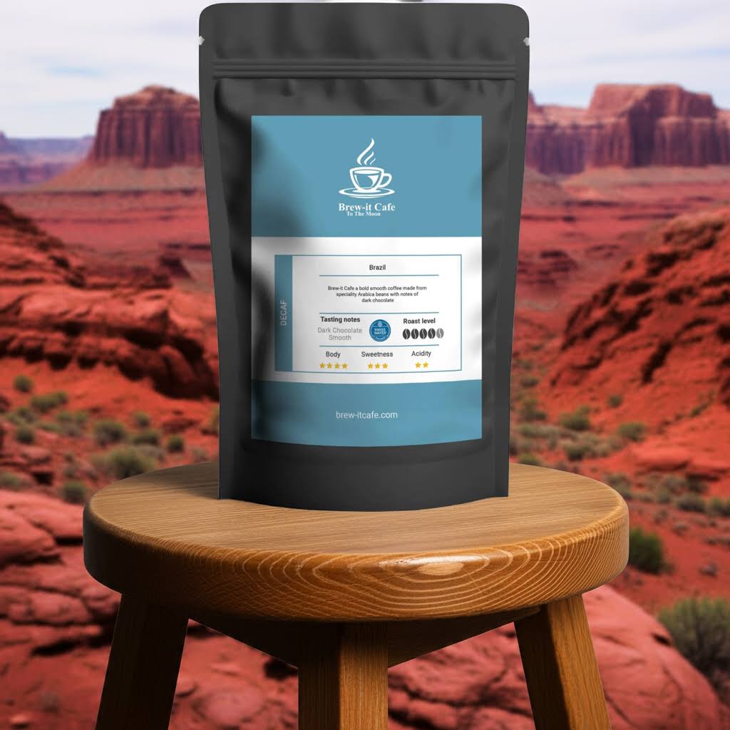 Brew-itCafe Decaf Coffee bag on wooden stool in desert landscape, emphasizing natural Swiss-Water decaf and smooth dark chocolate flavor.