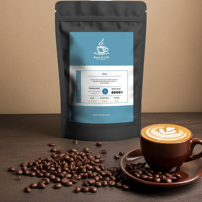 Brew-itCafe Decaf Coffee bag with dark roast beans and latte art, showcasing Swiss-Water Process and dark chocolate flavor profile.