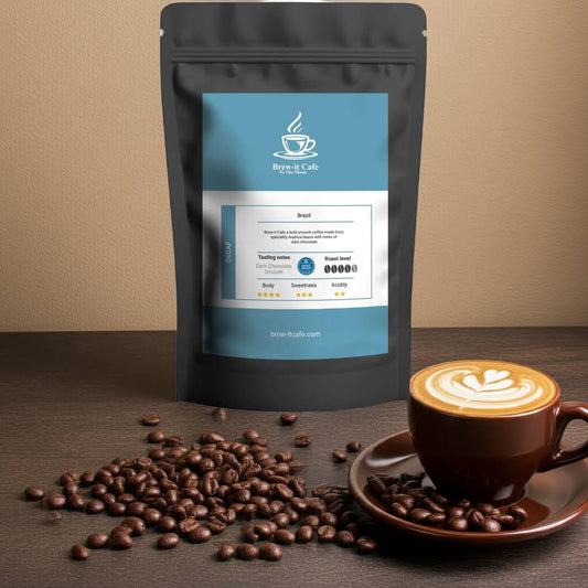 Brew-itCafe Decaf Coffee bag with dark roast beans and latte art, showcasing Swiss-Water Process and dark chocolate flavor profile.