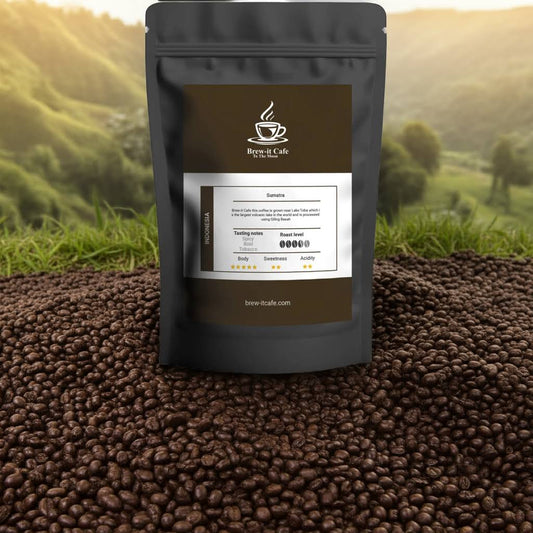 Indonesia Coffee - Sumatra Lake Toba single-origin beans on a coffee field backdrop, showcasing bold, spicy flavor and rich volcanic soil origin.