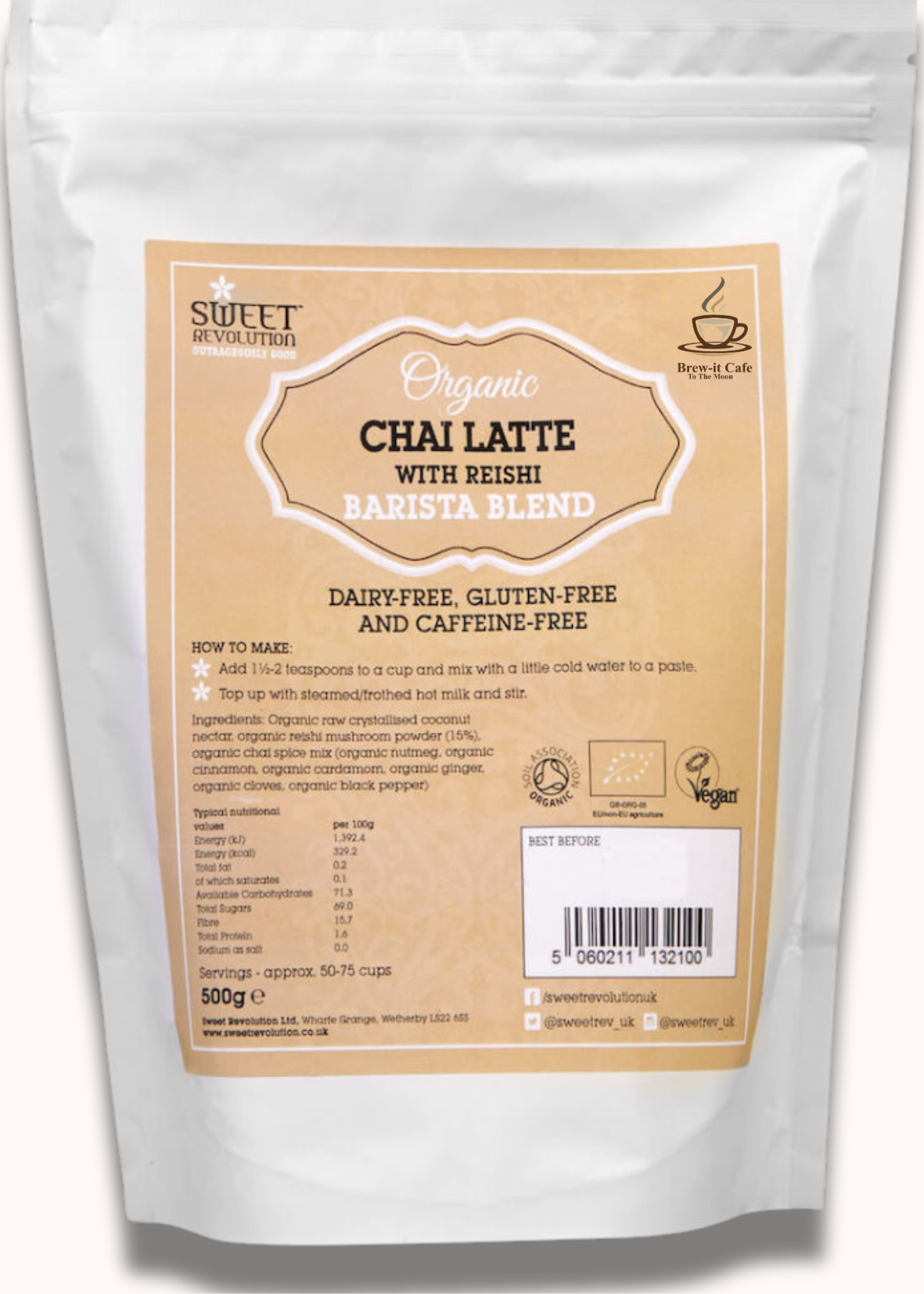 Chai Mix (500g) in a bag, showcasing the creamy blend of tea and exotic spices, ideal for making delicious chai lattes.