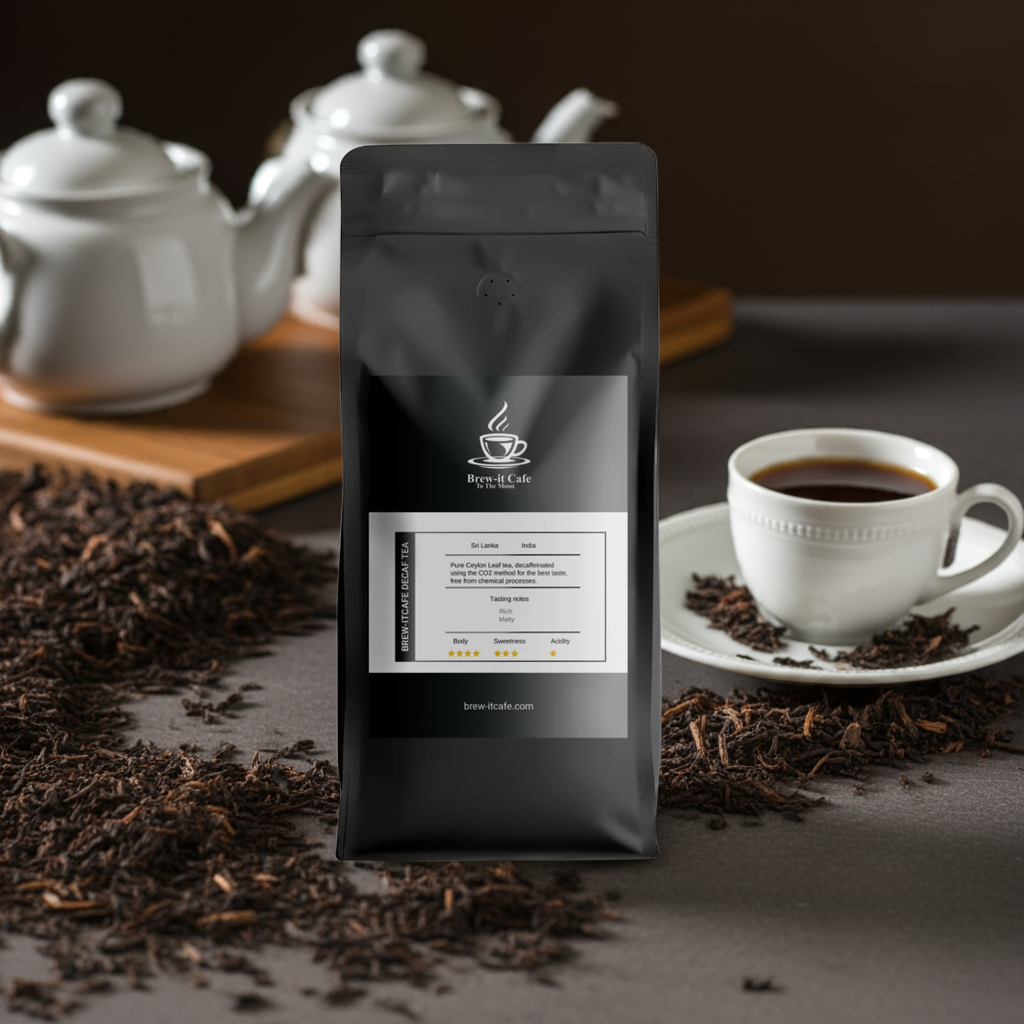 Brew-itCafe Decaf Tea - Premium Ceylon blend in black packaging, placed beside a white teacup and teapot with loose leaf tea scattered on a dark table.