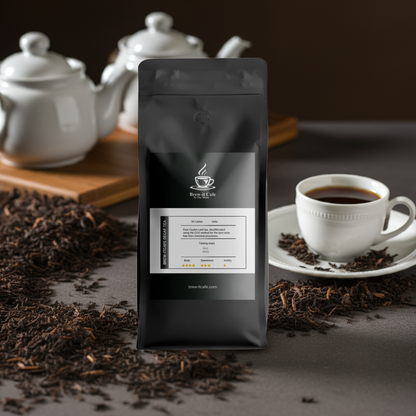 Brew-itCafe Decaf Tea - Premium Ceylon blend in black packaging, placed beside a white teacup and teapot with loose leaf tea scattered on a dark table.