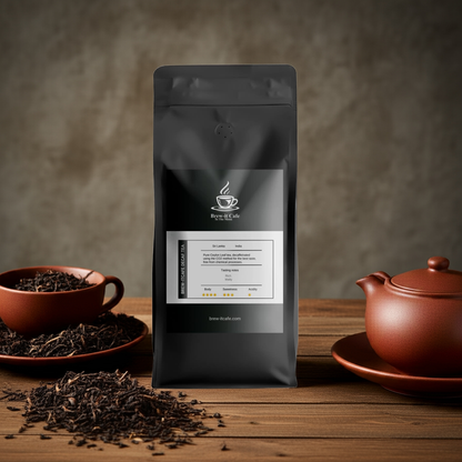 Brew-itCafe Decaf Tea - Premium Ceylon in sleek black bag, styled with terracotta teapot and loose Ceylon tea leaves on a wooden surface.
