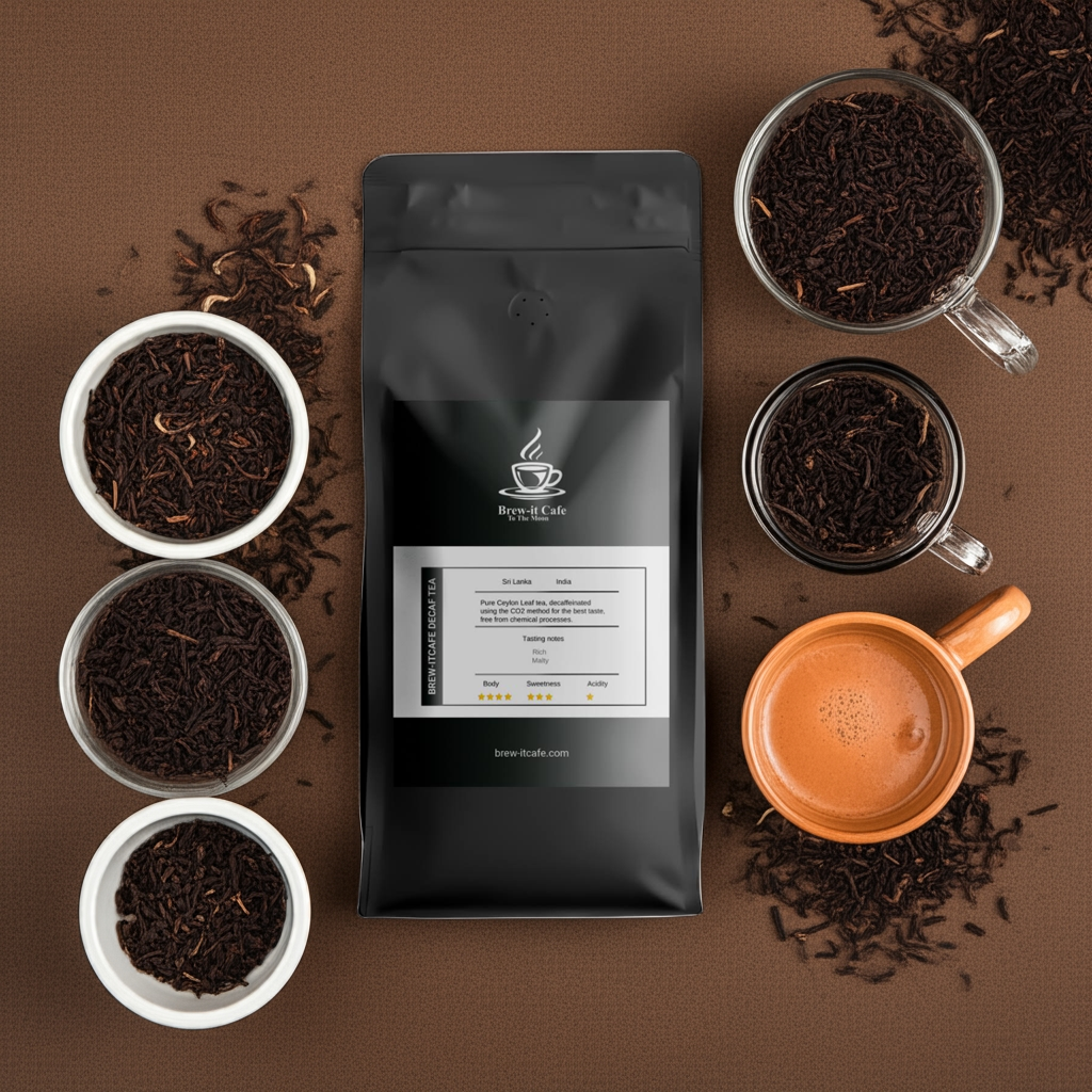 Flat lay of Brew-itCafe Decaf Tea - Premium Ceylon with black tea leaves in cups and a brewed cup of tea, emphasizing its caffeine-free, bold flavor.