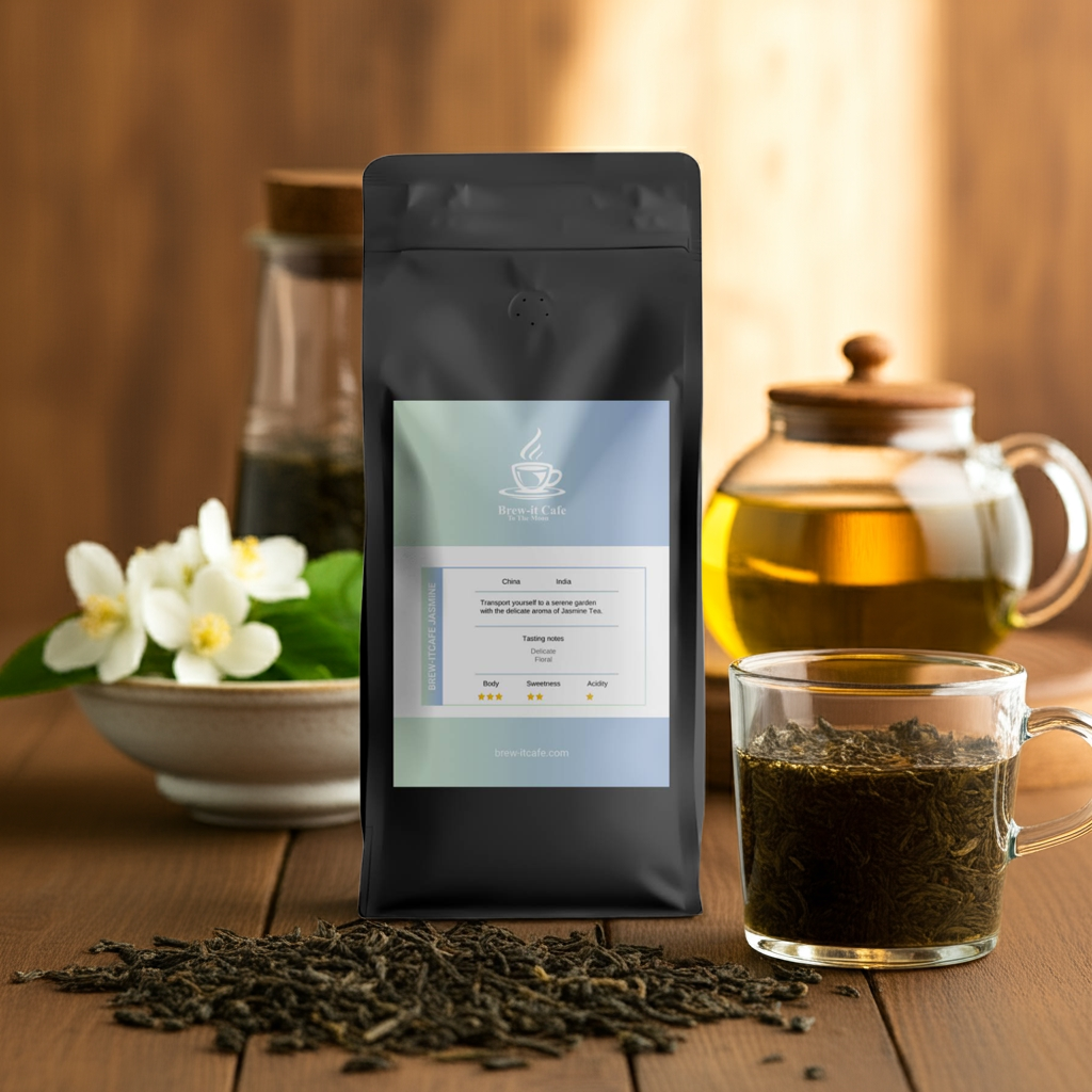Brew-itCafe Jasmine Tea - Premium Green | Loose Leaf, Aromatic blend displayed with dried tea leaves, glass teapot, and jasmine flowers on wooden table.