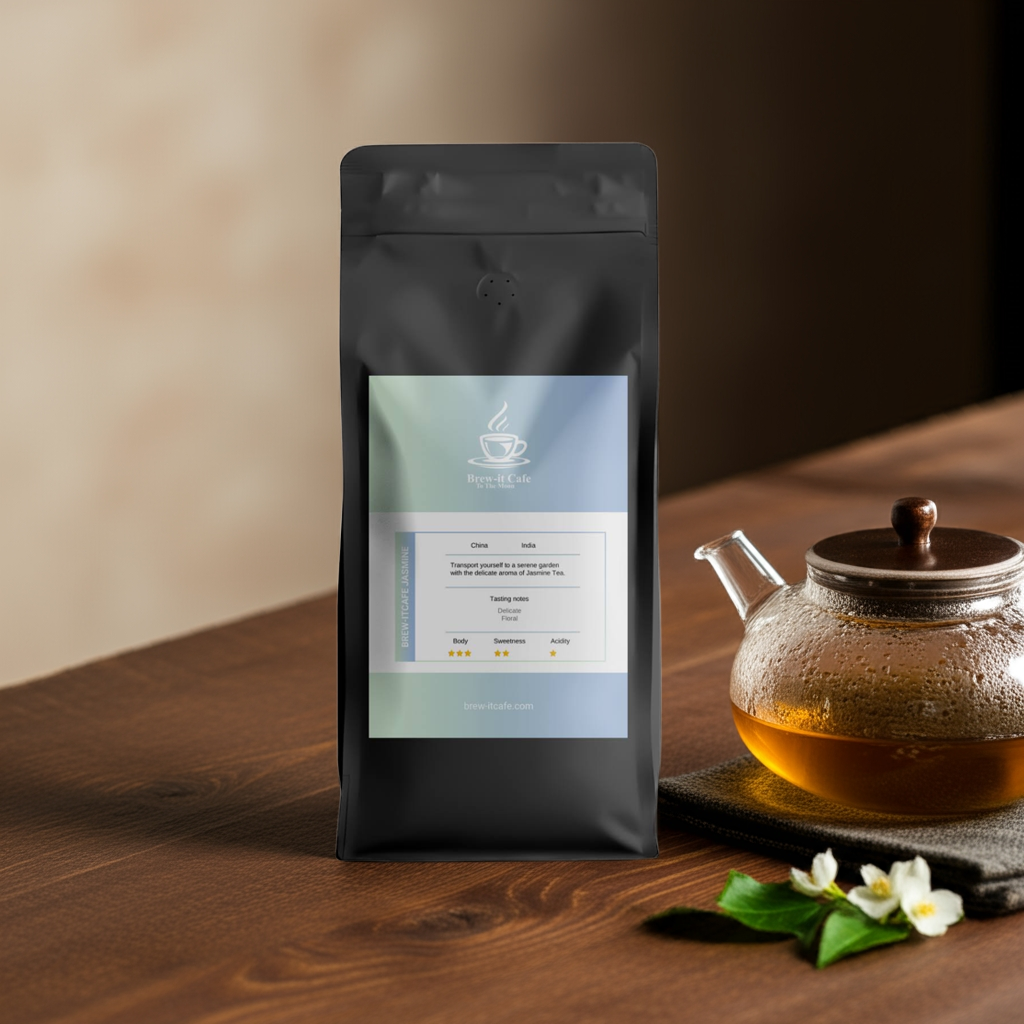 Brew-itCafe Jasmine Tea - Premium Green | Loose Leaf, Aromatic pack beside a glass teapot and jasmine flowers, emphasizing natural ingredients.
