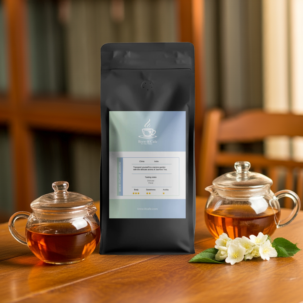 Brew-itCafe Jasmine Tea - Premium Green | Loose Leaf, Aromatic pack with two glass teapots and jasmine blossoms, ideal for a calming tea experience.