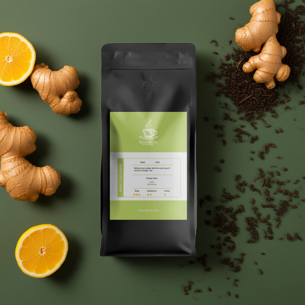 Brew-itCafe Lemon & Ginger Tea pouch on green background with ginger, lemon, and loose tea leaves. Natural caffeine-free herbal infusion.