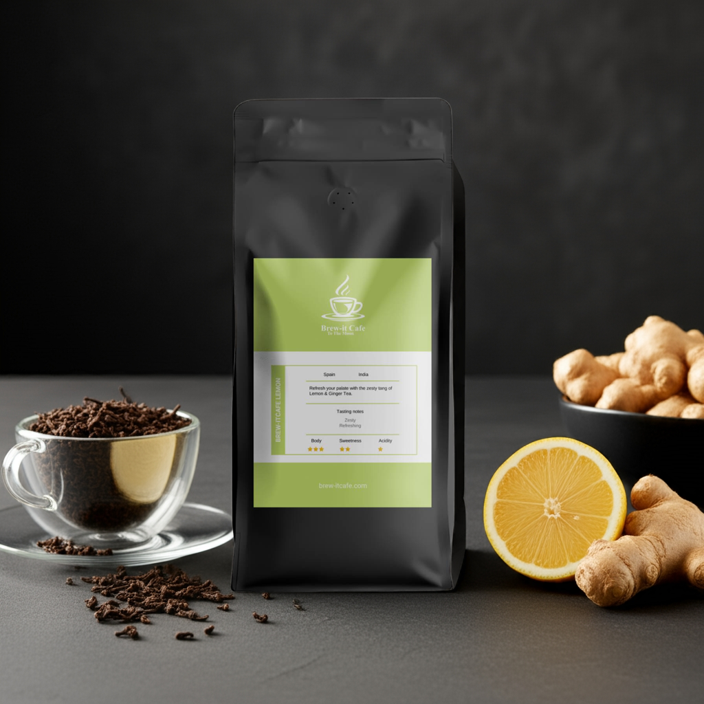 Brew-itCafe Lemon & Ginger Tea black pouch with lemon, ginger, and tea cup on dark background. Refreshing caffeine-free herbal tea blend.