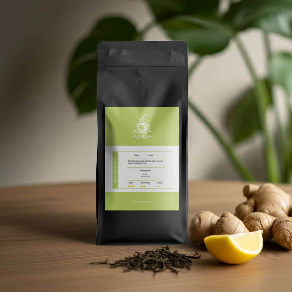 Brew-itCafe Lemon & Ginger Tea - Herbal Blend in black pouch with ginger root and lemon on wooden table. Caffeine-free herbal infusion.