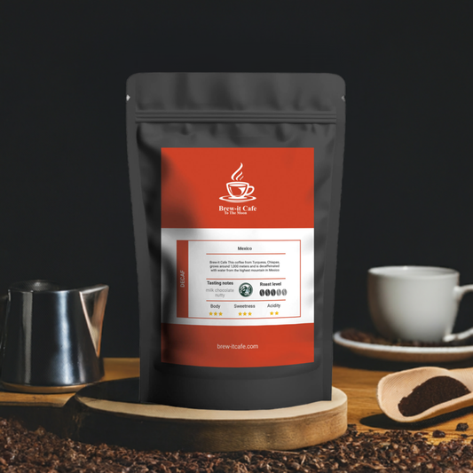 Brew-itCafe Decaf Coffee Mexican Roast in black resealable bag with red label, featuring smooth, nutty flavor and Mountain Water Process.